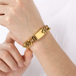 Minimalist gold 12mm Cuban chain bracelet for men with smooth identity ID tag plate