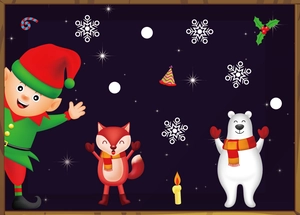 Detail of Christmas window stickers with cartoon foxes, bears and snowflakes on purple