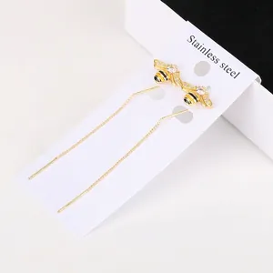 Golden stainless steel long tassel bee earrings with sparkling stones for women