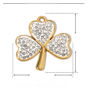 Detail view of 18mm gold clover pendant with rhinestone measurements and material info