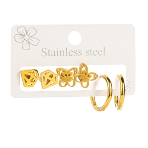 Three-pair gold stainless steel earring set featuring crown butterfly and hoop designs