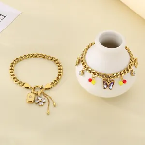 Butterfly Pendant Bracelet Stainless Steel Cuban Chain With Zircon Flower Square Tag Tassel And Colorful Beads For Women
