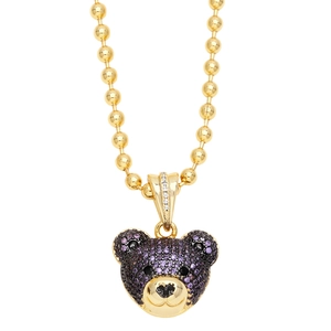 Hip hop gold bead necklace with purple pavé crystal teddy bear pendant for women