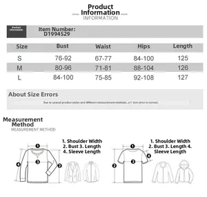 Detailed size chart for lace dress showing bust, waist and hip measurements in cm