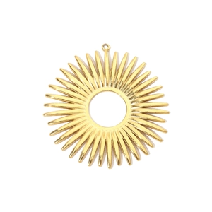 Close-up of golden sunburst hollow pendant with metallic luster and top hanging ring
