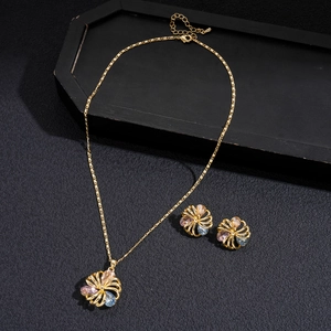 18K gold plated necklace and earrings set with colorful zircon floral pendants