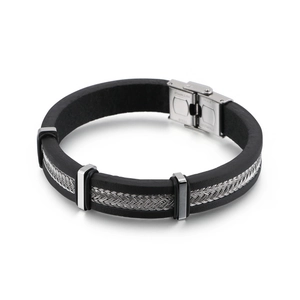 Men's fashion braided leather bracelet with silver stainless steel mesh inlay and buckle