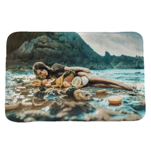 Absorbent flannel floor mat with artistic fruit and ocean landscape portrait print