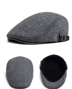 Detailed multi-angle views of a grey plaid wool flat cap for men with side straps