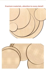 Detail shot of stackable natural wood circles with smooth finish and visible grain textures