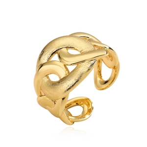 Minimalist 18K gold plated chain link open ring with brushed and polished texture