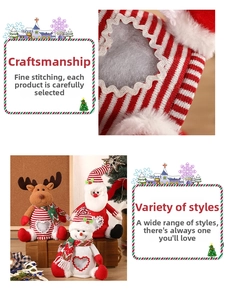 Macro detail of DIY Christmas felt gift bags featuring Santa, snowman, and reindeer designs
