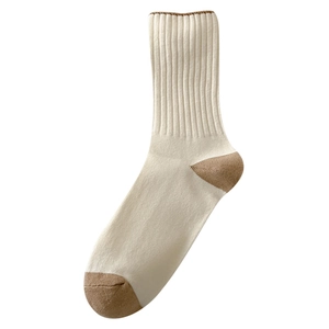 Japanese minimalist cream cotton mid-calf socks with dark brown contrast heel and toe