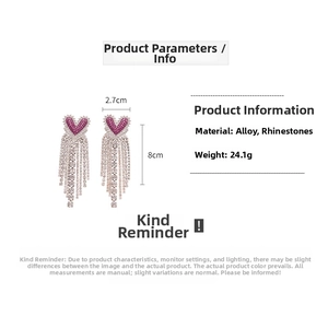 Spécifications de boucles d'oreilles cœur rose, 2,7x8cm, alliage et strass