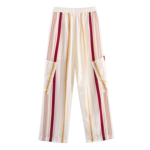Women's multi-color striped cargo wide-leg pants with elastic waist and side flap pockets
