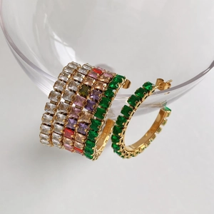 Boucles D'oreilles Créoles En Forme De C Acier Inoxydable Plaqué Or Zircons Carrés Colorés Bijoux Mode Étanche Femmes