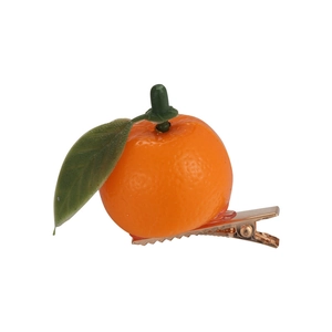 Realistic 3D orange and leaf hair clip with golden duckbill clip on white background