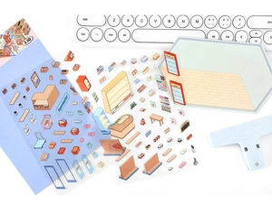Detailed 2.5D supermarket scene DIY sticker set with shelves, carts, and a scene board