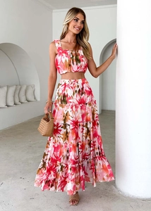 Détails de l'ensemble jupe bohème à volants avec imprimé floral rose et débardeur court