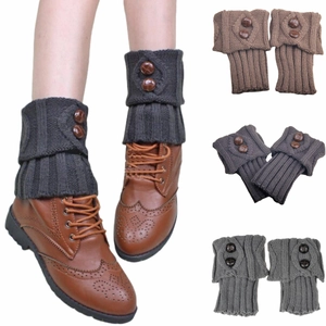 Winter knit leg warmers with diamond pattern and two wooden buttons in various colors