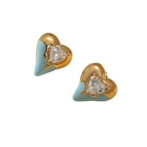 18K gold plated heart stud earrings with blue oil drop glaze and sparkling zircon stone