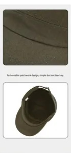 Detail of olive green cotton cadet cap showing stitching and internal fabric label