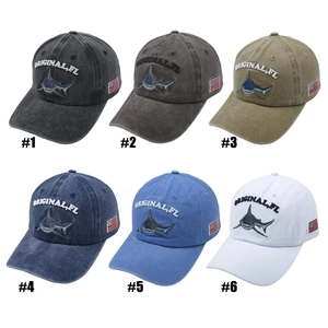 Vintage washed cotton baseball cap with shark embroidery and US flag patch in 6 colors