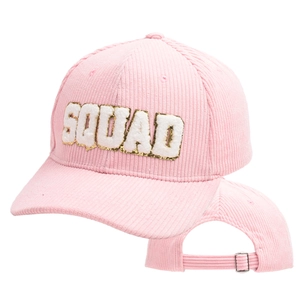 Pink corduroy baseball cap featuring SQUAD embroidery and adjustable metal buckle