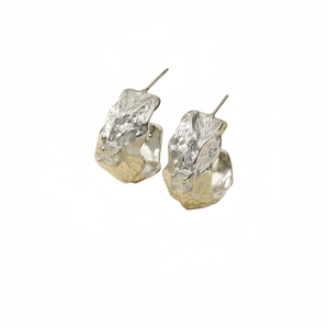 Silver plated titanium steel earrings with wrinkled texture and small diamond accents