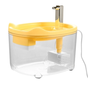 Automatic pet water fountain with transparent tank and yellow lid for cats and dogs