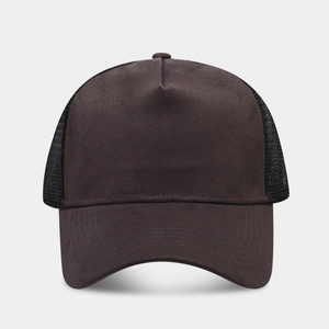 Detail of dark brown faux suede baseball cap with breathable mesh and classic stitching