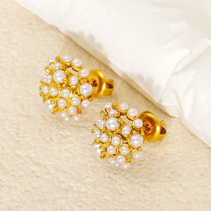 Elegant Stainless Steel Artificial Pearl Cluster Stud Earrings 18K Gold Plated Geometric Round Fashion Jewelry For Women