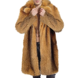 Detailed texture of men's long faux fur coat in camel brown plush material