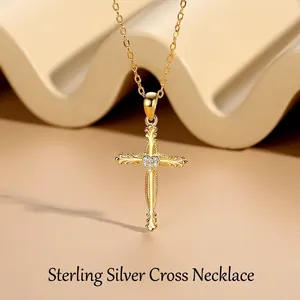 Vintage 925 Sterling Silver Cross Pendant Necklace For Women Heart Inlaid Zirconia Light Luxury Gold Silver Jewelry Gift