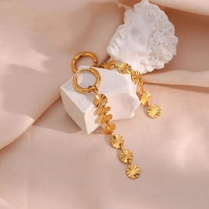 Elegant 18K gold-plated stainless steel drop earrings with sunburst textured metal discs