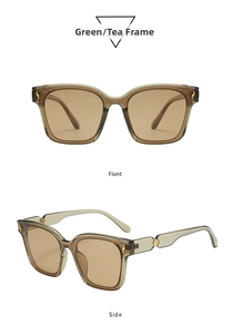 Front and side views of green square frame sunglasses with tea lenses and metal accents