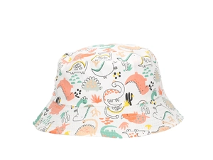 Detail of white cotton sun hat with colorful cartoon dinosaur prints for toddlers