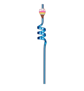 Close-up of a blue spiral plastic straw featuring a colorful cartoon ice cream decoration