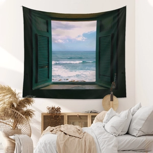 Bohemian coastal window view tapestry with green shutters over blue sea for wall decor