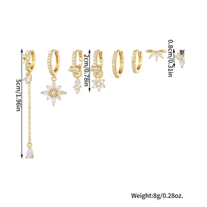 Detailed size specifications for 8-piece gold tassel and flower zircon earring set