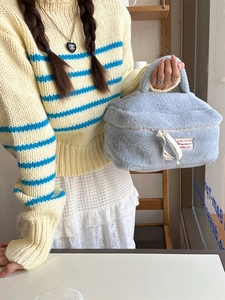 Large capacity light blue plush cosmetic bag for travel portable handheld vanity case