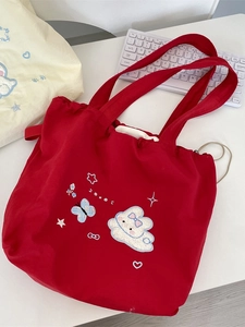 Red canvas tote bag with cute cartoon embroidery and spacious drawstring design