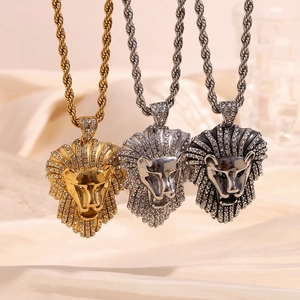 Pendentifs tête de lion hip hop en or argent et noir sur chaînes torsadées pour hommes