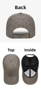 Detailed views of gray baseball cap featuring metal B logo and adjustable buckle