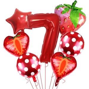 Detailed strawberry party balloon set with red number 7 and fruit shaped foil balloons