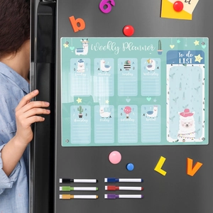 Detail of magnetic acrylic weekly planner with alpaca design and six colorful dry erase markers