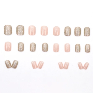 French style short pink glitter press-on nails with shiny champagne sequins 24pcs set