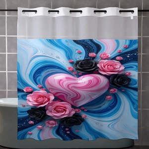 Detail of waterproof 3D pink heart and rose print shower curtain with sturdy top hooks