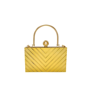 Elegant gold acrylic evening clutch bag with V-shaped texture and pearl clasp detail