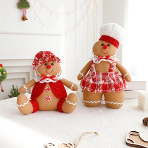 Christmas gingerbread man plush dolls with red hat and checkered skirt home ornaments